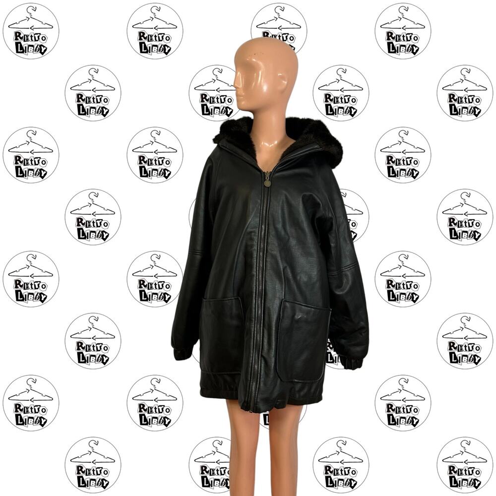 VTG 80s L Black Reversible Faux Leather Mink Fur Parka Coat Hooded Winter Mob